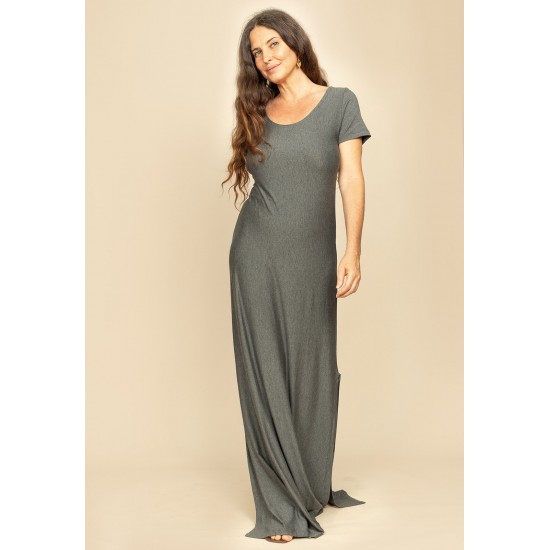 Vestido Longo Malha Gola Canoa Manga Curta Mescla