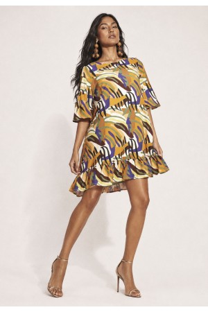 Vestido Curto Viscose Babado Estampa Cores Vibrantes