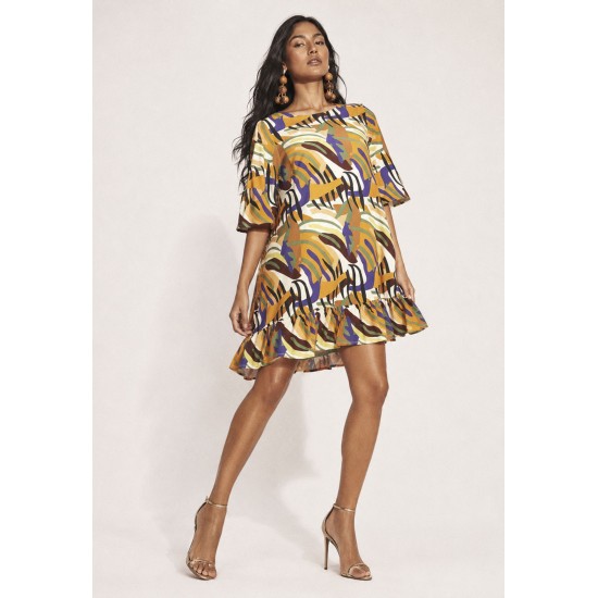 Vestido Curto Viscose Babado Estampa Cores Vibrantes