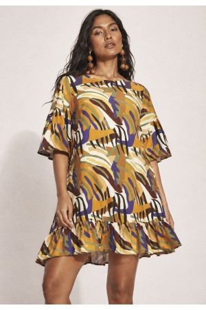 Vestido Curto Viscose Babado Estampa Cores Vibrantes