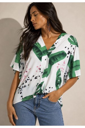 Blusa Gola V Manga Curta Estampa Folhagem Poética