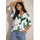 Blusa Gola V Manga Curta Estampa Folhagem Poética