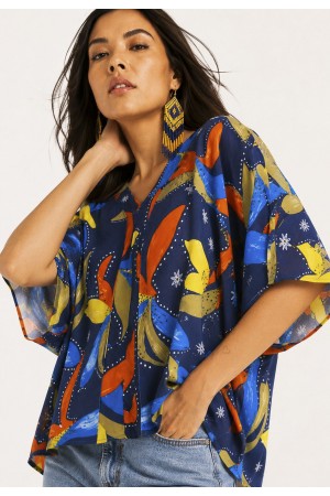 Blusa Gola V Manga Curta Estampa Maré Vibrante