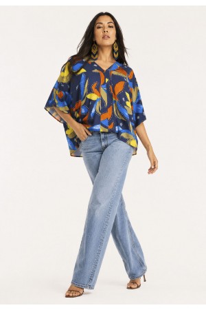 Blusa Gola V Manga Curta Estampa Maré Vibrante