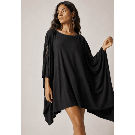 Vestido Kaftan Malha Glória Curto Preto e Detalhe Mescla