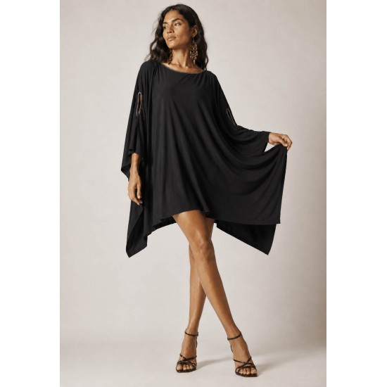 Vestido Kaftan Malha Glória Curto Preto e Detalhe Mescla