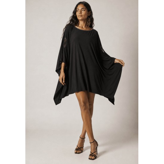 Vestido Kaftan Malha Glória Curto Preto e Detalhe Mescla