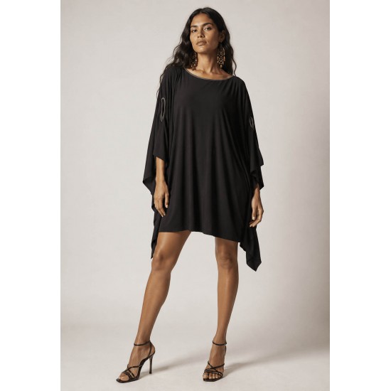 Vestido Kaftan Malha Glória Curto Preto e Detalhe Mescla