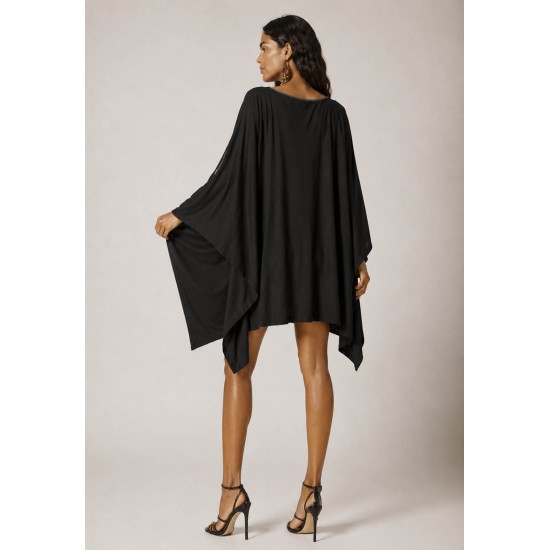 Vestido Kaftan Malha Glória Curto Preto e Detalhe Mescla