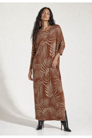 Vestido Longo Morcego Assimétrico Estampa Palmas da Terra