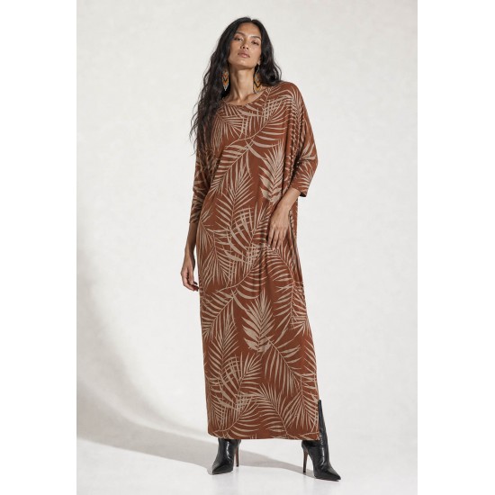 Vestido Longo Morcego Assimétrico Estampa Palmas da Terra