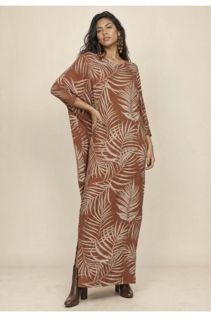 Vestido Longo Morcego Assimétrico Estampa Palmas da Terra
