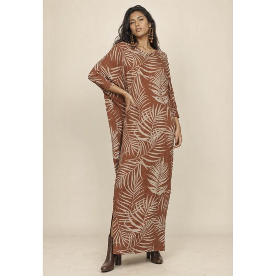 Vestido Longo Morcego Assimétrico Estampa Palmas da Terra
