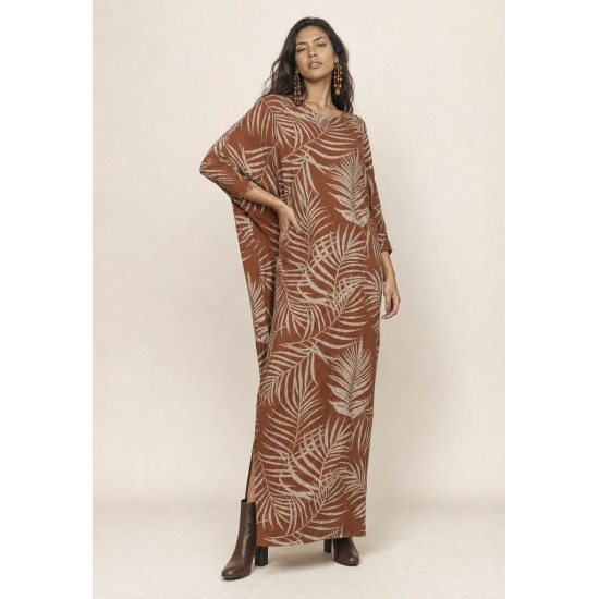 Vestido Longo Morcego Assimétrico Estampa Palmas da Terra
