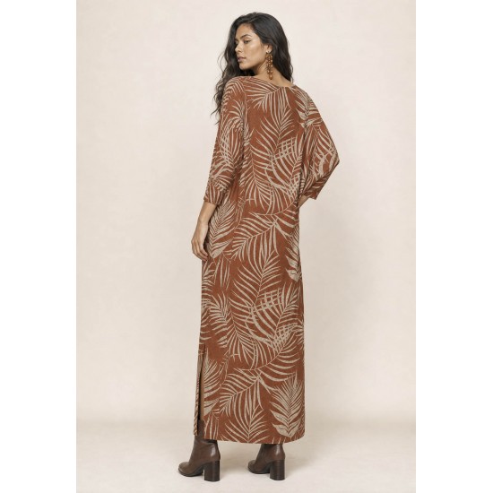 Vestido Longo Morcego Assimétrico Estampa Palmas da Terra