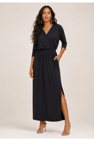 Vestido Longo Malha com Manga 3/4 Preto