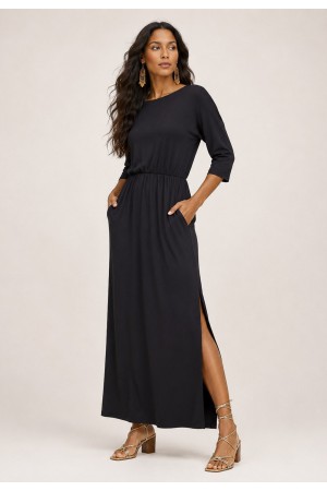 Vestido Longo Malha com Manga 3/4 Preto