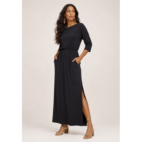 Vestido Longo Malha com Manga 3/4 Preto