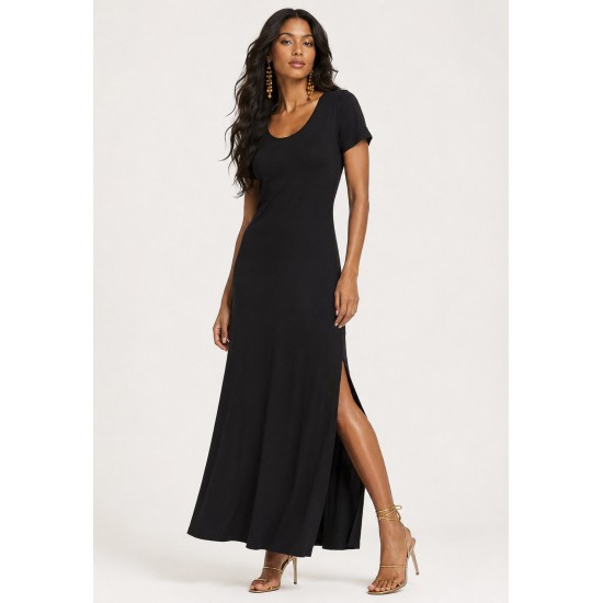 Vestido Longo Malha Gola Canoa Manga Curta Preto