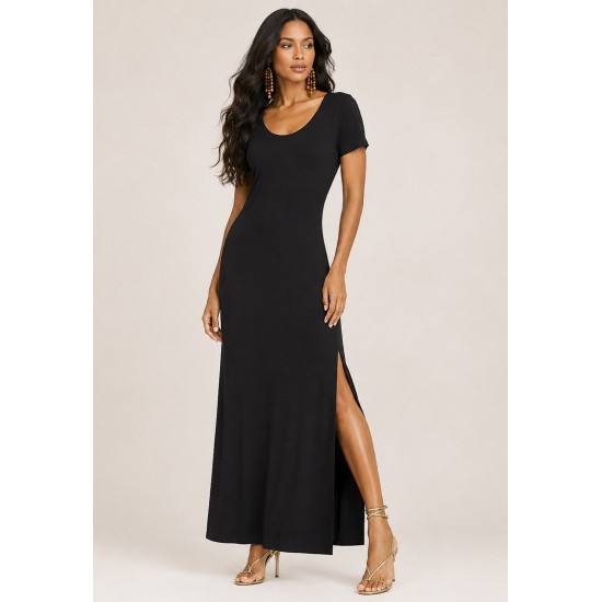 Vestido Longo Malha Gola Canoa Manga Curta Preto