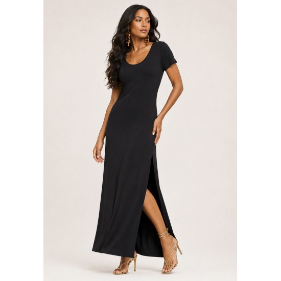 Vestido Longo Malha Gola Canoa Manga Curta Preto