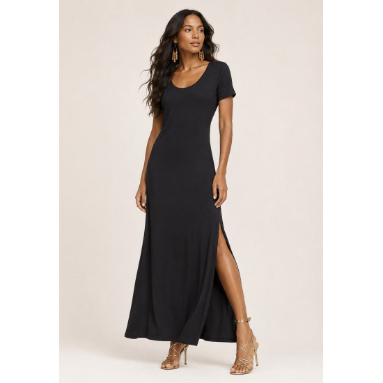 Vestido Longo Malha Gola Canoa Manga Curta Preto