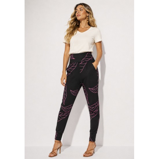 Calça Saruel Malha com Bolso Estampa Antúrios Lilás