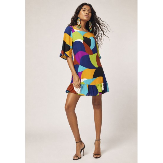 Vestido Curto Viscose Estampa Jardim Azul