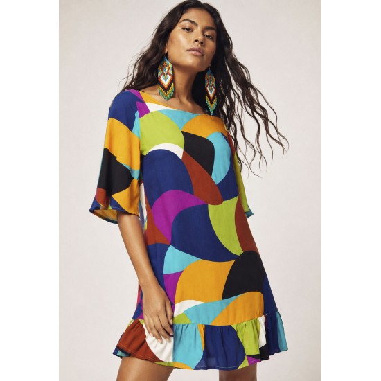Vestido Curto Viscose Estampa Jardim Azul