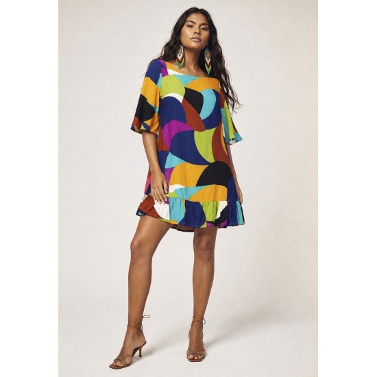 Vestido Curto Viscose Estampa Jardim Azul