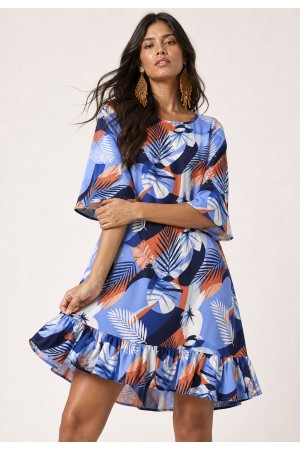 Vestido Curto Viscose Babado Estampado