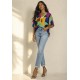 Blusa Gola V Manga Curta Estampa Jardim Azul
