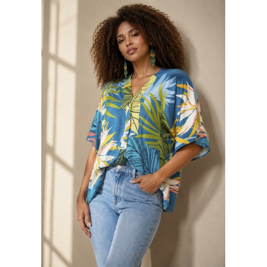 Blusa Gola V Manga Curta Estampa Brisa Botânica