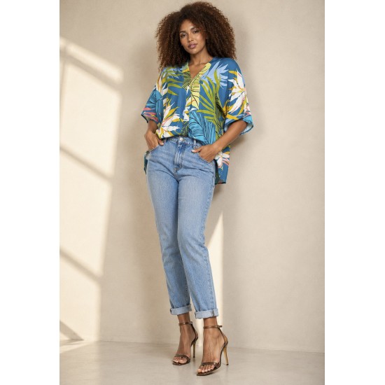 Blusa Gola V Manga Curta Estampa Brisa Botânica