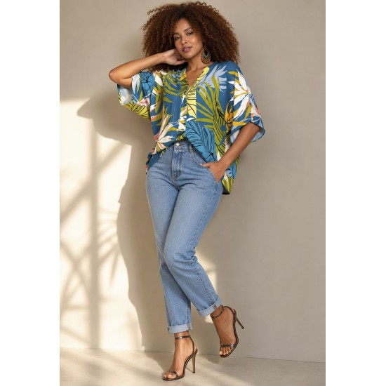 Blusa Gola V Manga Curta Estampa Brisa Botânica