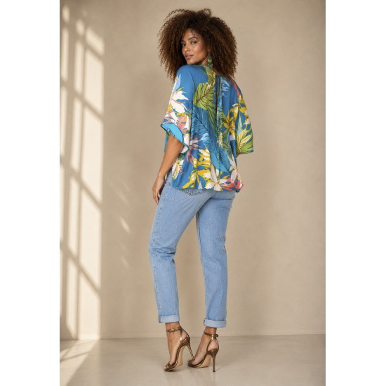 Blusa Gola V Manga Curta Estampa Brisa Botânica