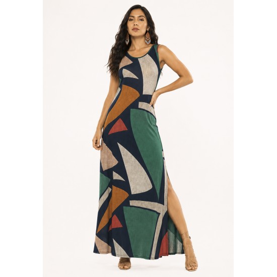 Vestido Longo Butiá Malha Regata Estampa Geometrias do Tempo