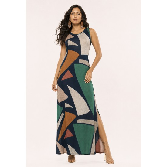 Vestido Longo Butiá Malha Regata Estampa Geometrias do Tempo