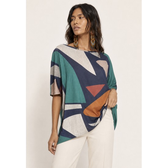 Blusa Ampla Malha Morcego Manga Curta Santa Geometrias do Tempo