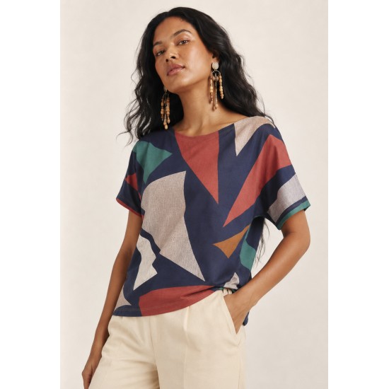 Blusa Básica Morcego Malha Gola Canoa Manga Curta Geometrias do Tempo