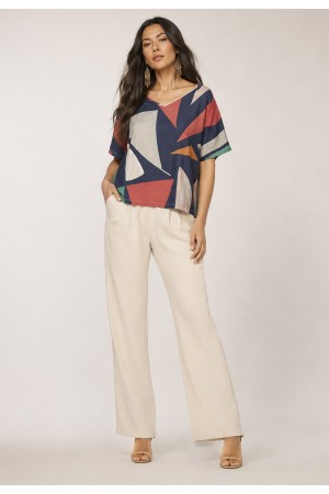 Blusa Básica Morcego Malha Gola V Manga Curta Geometrias do Tempo