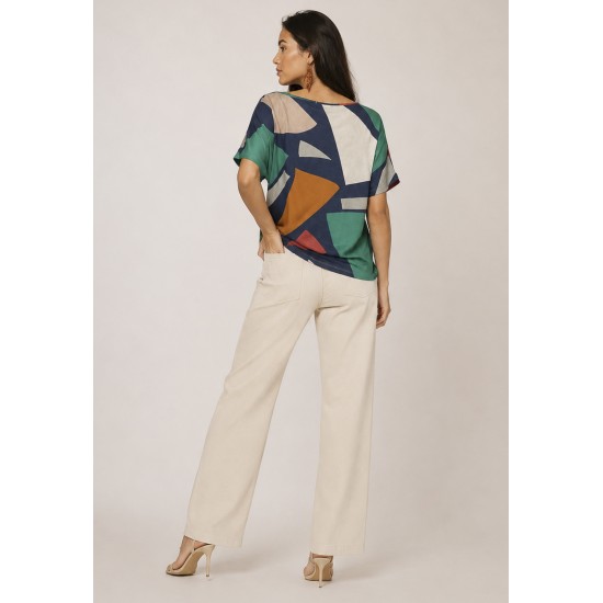 Blusa Básica Morcego Malha Gola V Manga Curta Geometrias do Tempo