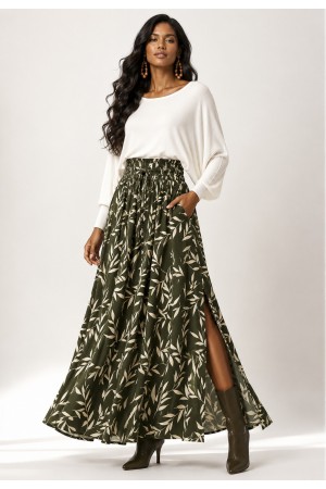 Saia Longa Viscose Folhagem Serena Musgo