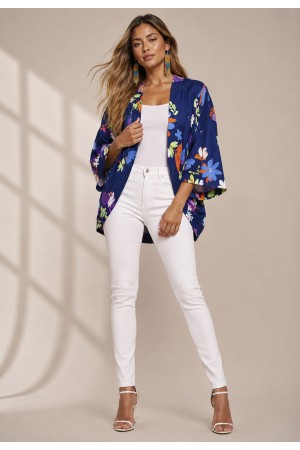 Kimono Viscose Manga Ampla Estampa Flores Azul