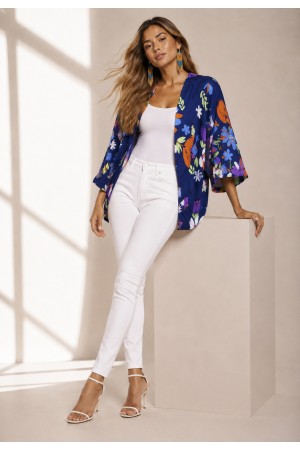 Kimono Viscose Manga Ampla Estampa Flores Azul