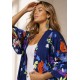 Kimono Viscose Manga Ampla Estampa Flores Azul