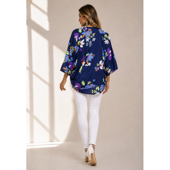 Kimono Viscose Manga Ampla Estampa Flores Azul