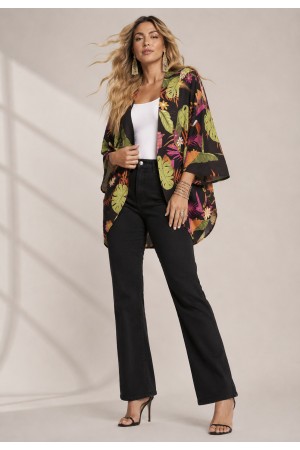 Kimono Viscose Manga Ampla Estampa Noite Botânica