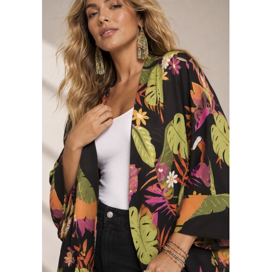 Kimono Viscose Manga Ampla Estampa Noite Botânica