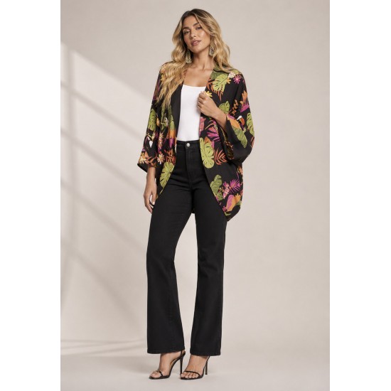 Kimono Viscose Manga Ampla Estampa Noite Botânica